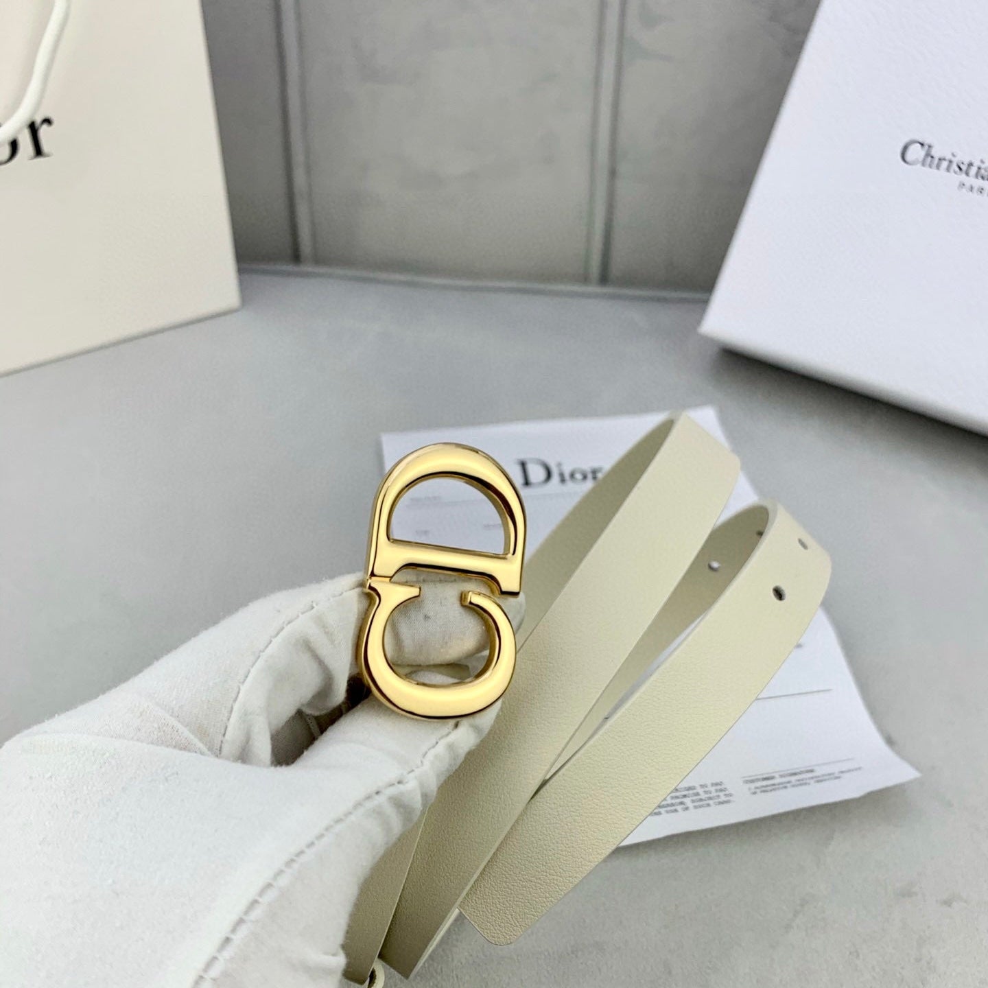 DIOR 25S BELT 20 MM IN BEIGE WHITE CALFSKIN WITH GOLD HARDWARE 590776 - 30
