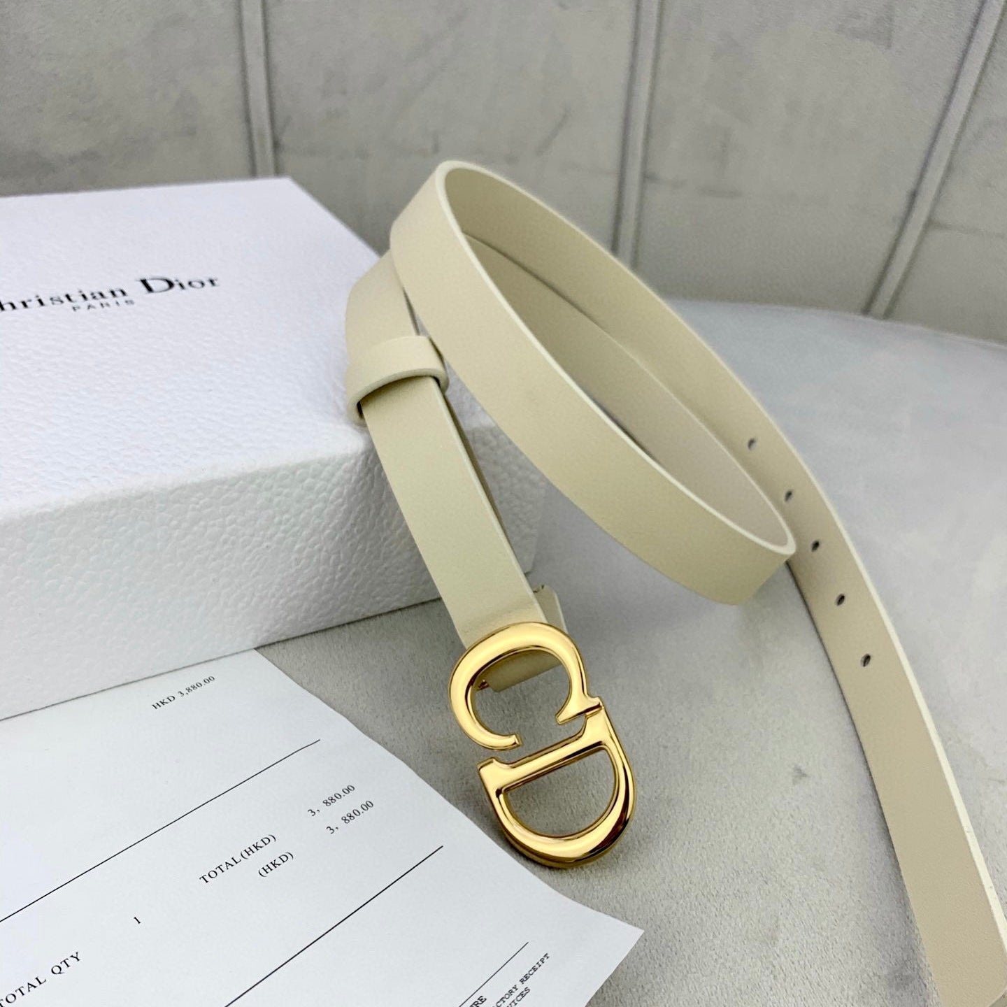 DIOR 25S BELT 20 MM IN BEIGE WHITE CALFSKIN WITH GOLD HARDWARE 590776 - 30