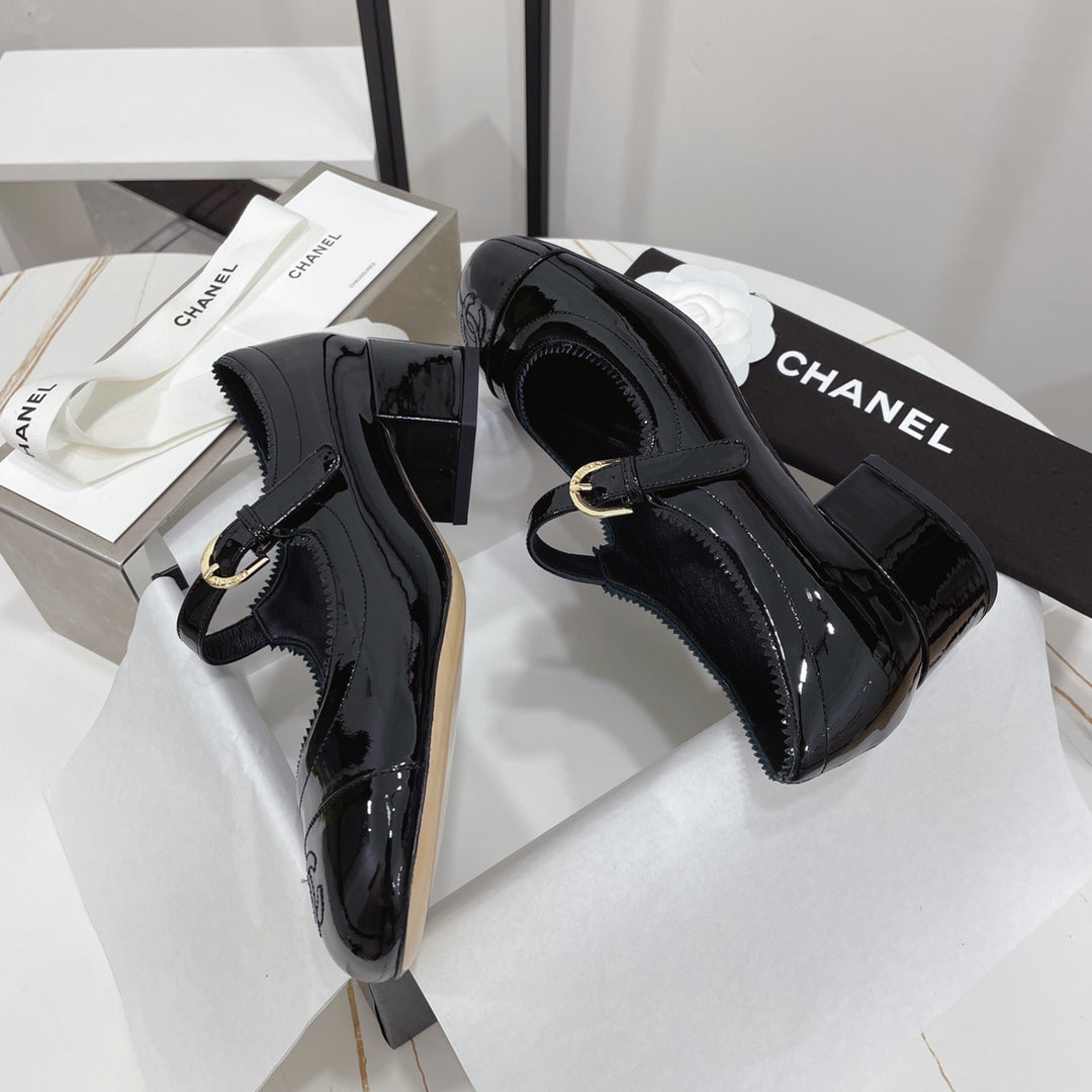 CC MARY JANE BLOCK HEEL GLOSSY BLACK SHEEPSKIN - 35