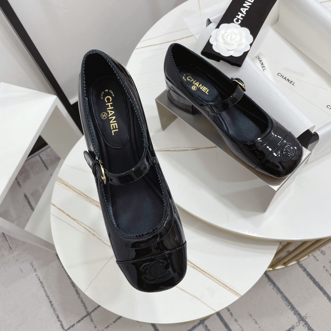 CC MARY JANE BLOCK HEEL GLOSSY BLACK SHEEPSKIN - 35