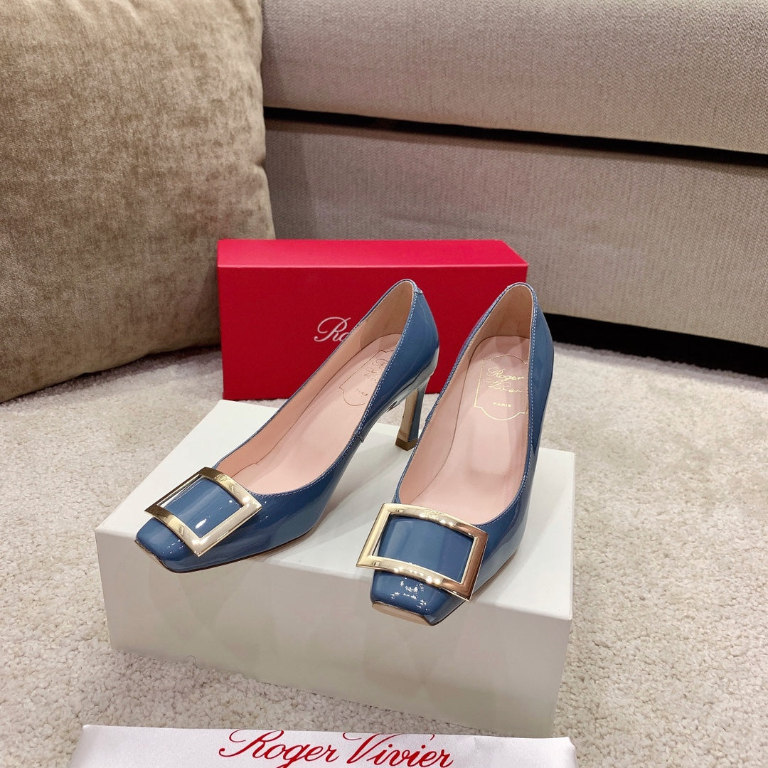 BELLE VIVIER PUMPS IN LIGHT BLUE GLOSSY CALFSKIN GOLD BUCKLE - 34