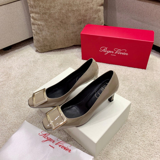 BELLE VIVIER PUMPS IN BEIGE GLOSSY CALFSKIN GOLD BUCKLE - 34