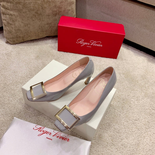 BELLE VIVIER PUMPS IN LIGHT GREY GLOSSY CALFSKIN GOLD BUCKLE - 34