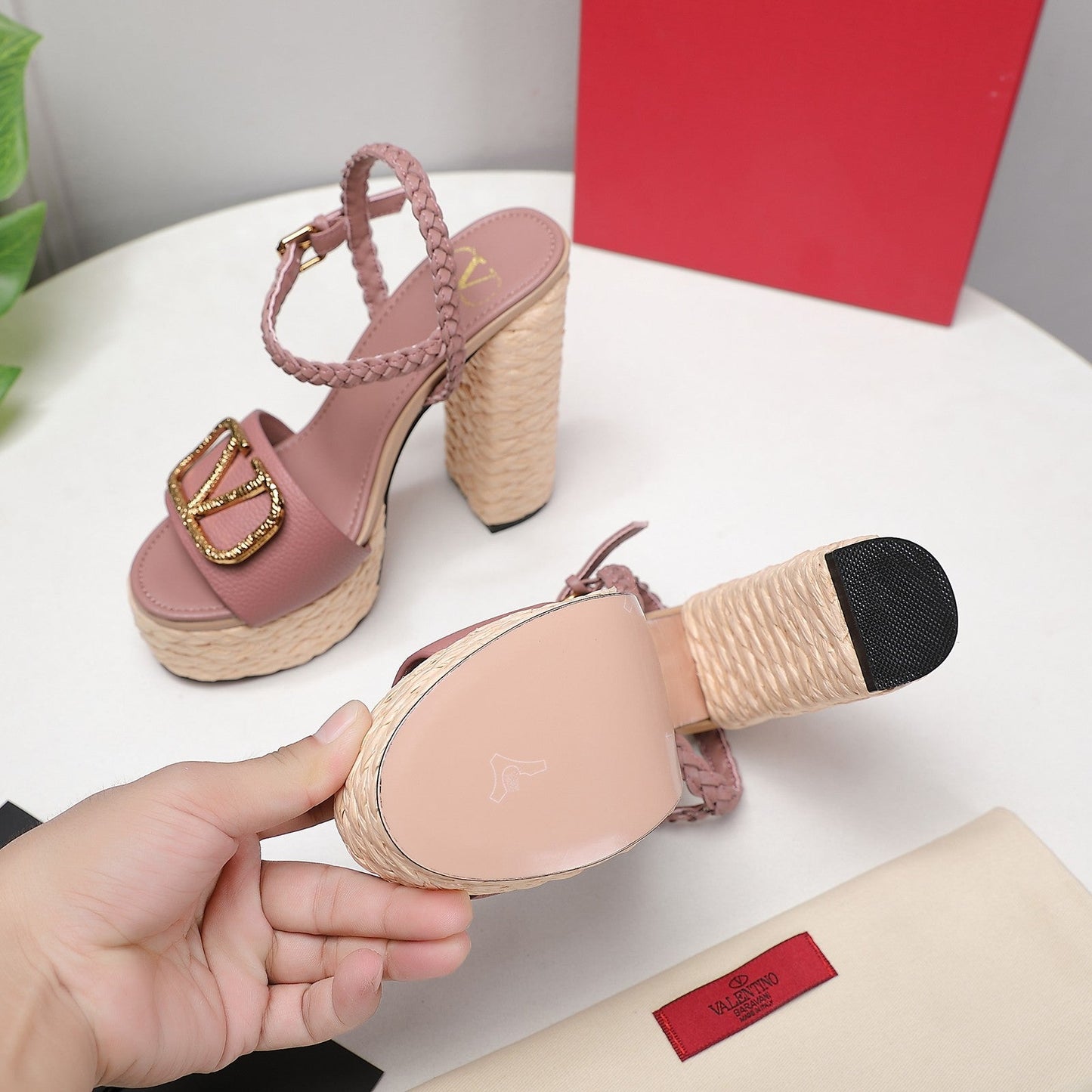 VLTN ESPADRILLE WEDGE SANDALS 25S 130 MM IN MUTED CLAY PINK LAMBSKIN WITH GOLD HARDWARE - 35