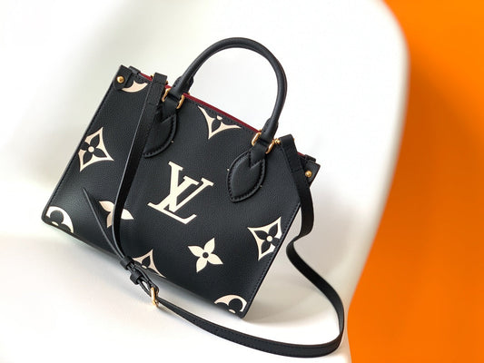 ONTHEGO TOTE 25 IN BLACK AND OFF WHITE MONOGRAM EMPREINTE