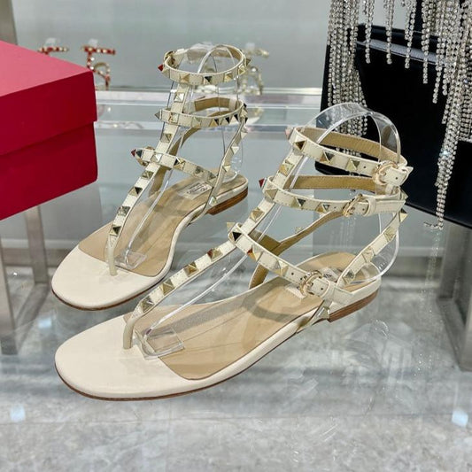 ROCKSTUD THONG SANDAL WITH STRAPS IN WHITE CALFSKIN - 35