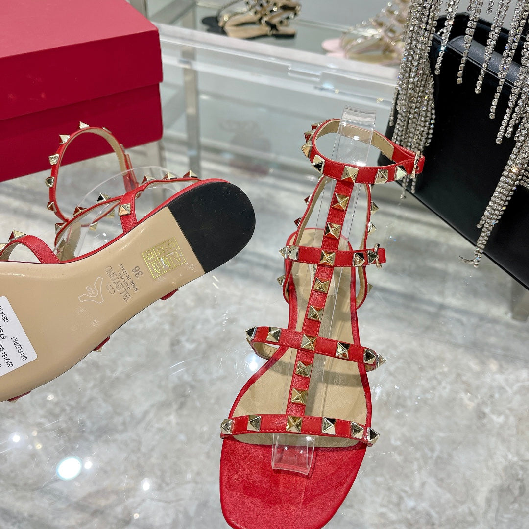ROCKSTUD SANDAL WITH STRAPS IN CHERRY RED CALFSKIN - 35