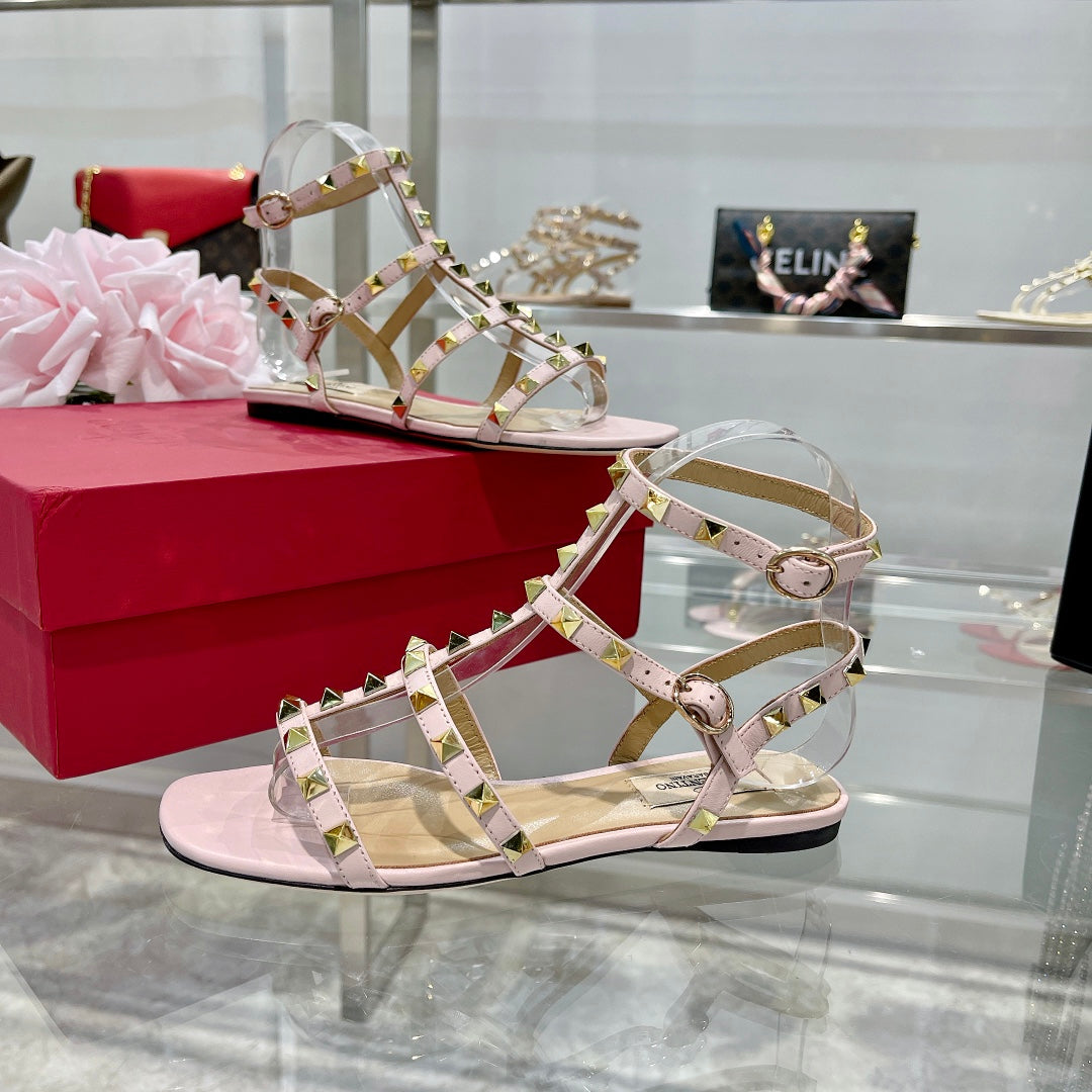 ROCKSTUD SANDAL WITH STRAPS IN BLUSH PINK CALFSKIN - 35