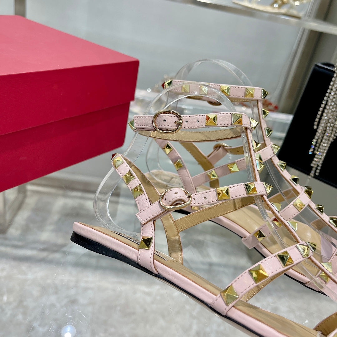 ROCKSTUD SANDAL WITH STRAPS IN BLUSH PINK CALFSKIN - 35