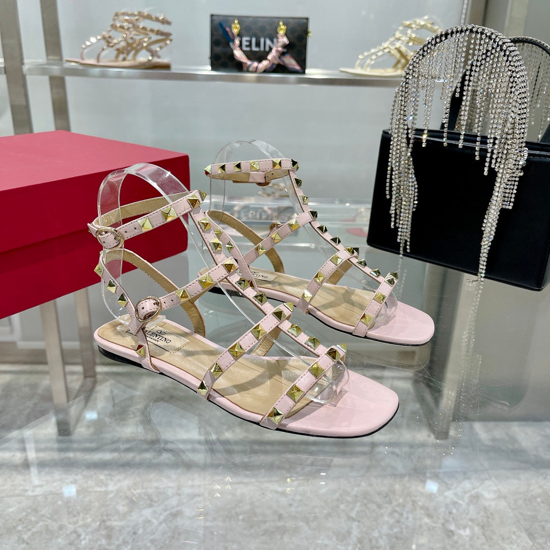 ROCKSTUD SANDAL WITH STRAPS IN BLUSH PINK CALFSKIN - 35