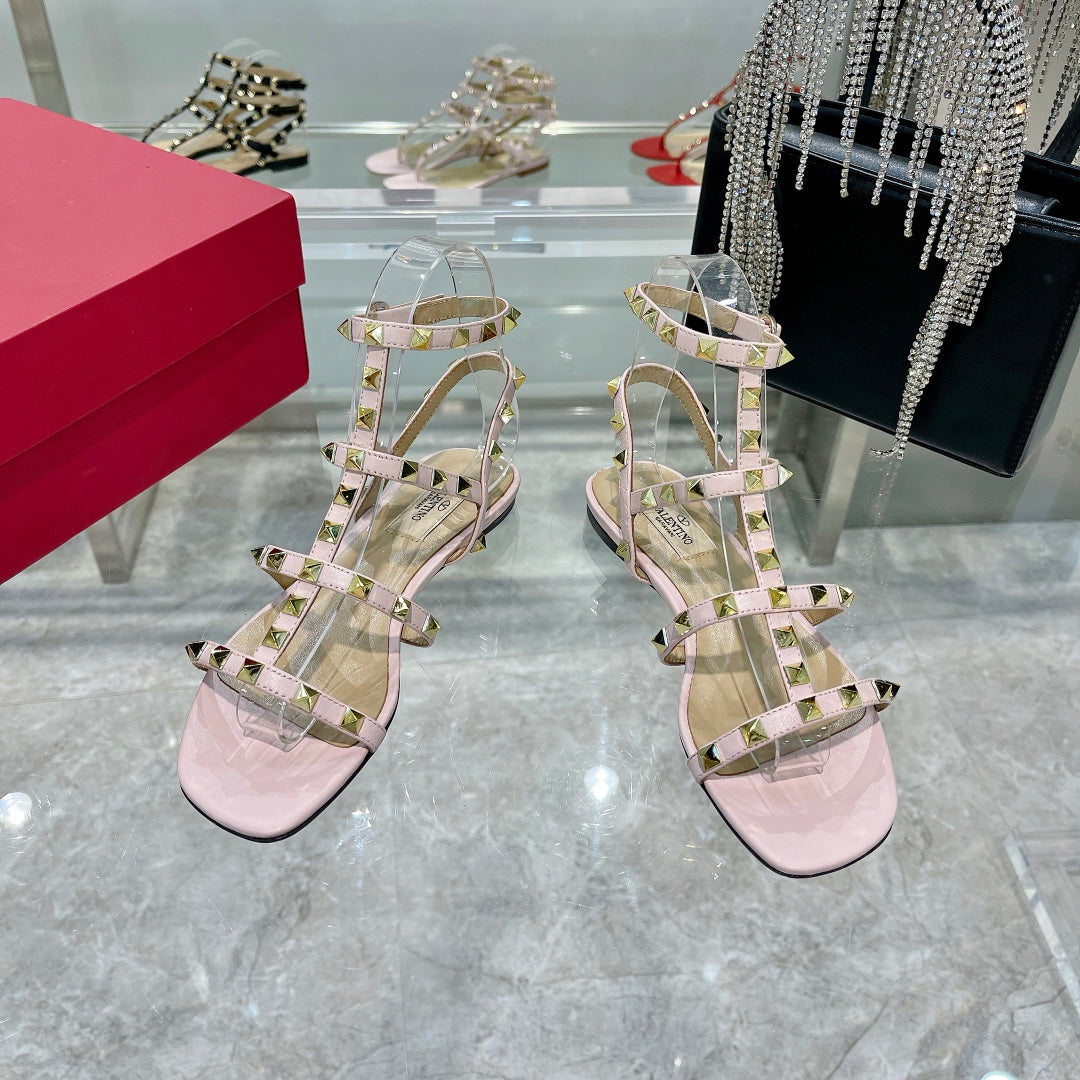 ROCKSTUD SANDAL WITH STRAPS IN BLUSH PINK CALFSKIN - 35