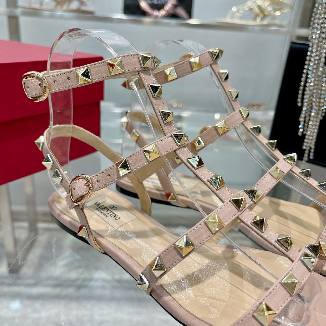 ROCKSTUD SANDAL WITH STRAPS IN LIGHT PINK CALFSKIN - 35