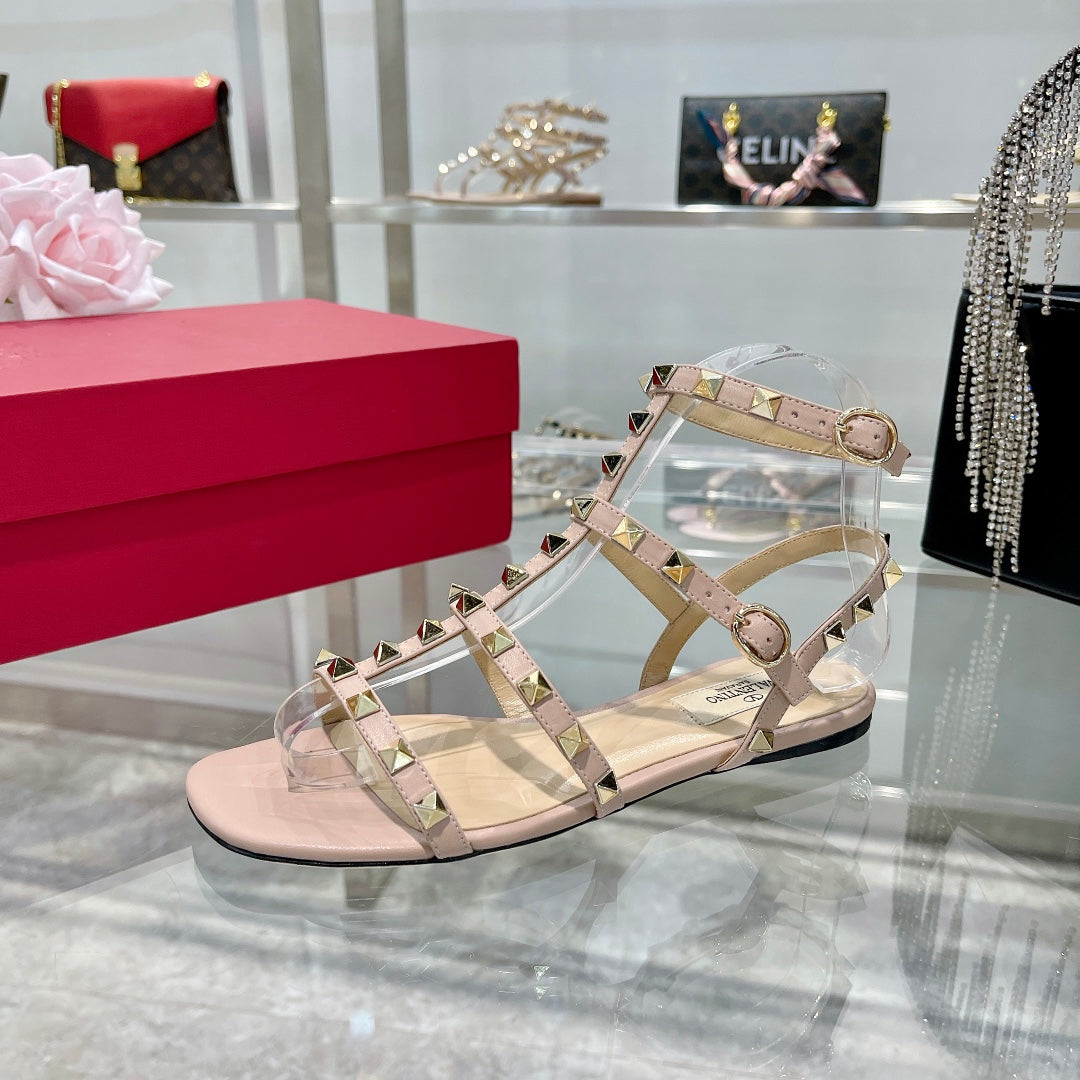 ROCKSTUD SANDAL WITH STRAPS IN LIGHT PINK CALFSKIN - 35