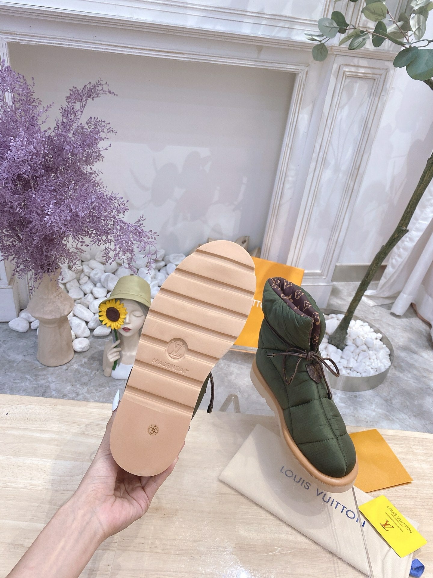 PILLOW COMFORT ANKLE BOOTS IN ARMY GREEN NYLON - 35