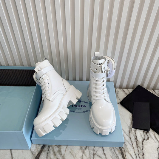 Черевики PRADA 26S HIGH TOP MONOLITH З ВИСОКИМИ ХАЛЯВАМИ З БІЛОЇ ТЕЛЯЧОЇ ШКІРИ ТА ТКАНИНИ З КИШЕНЕЮ