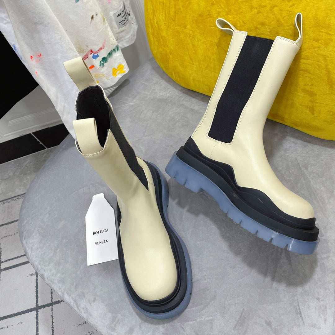 TIRE CHELSEA BOOT IN BLACK MIX BISQUE BEIGE CALFSKIN WITH STEEL BLUE SOLE - 35 / Ankle Boots