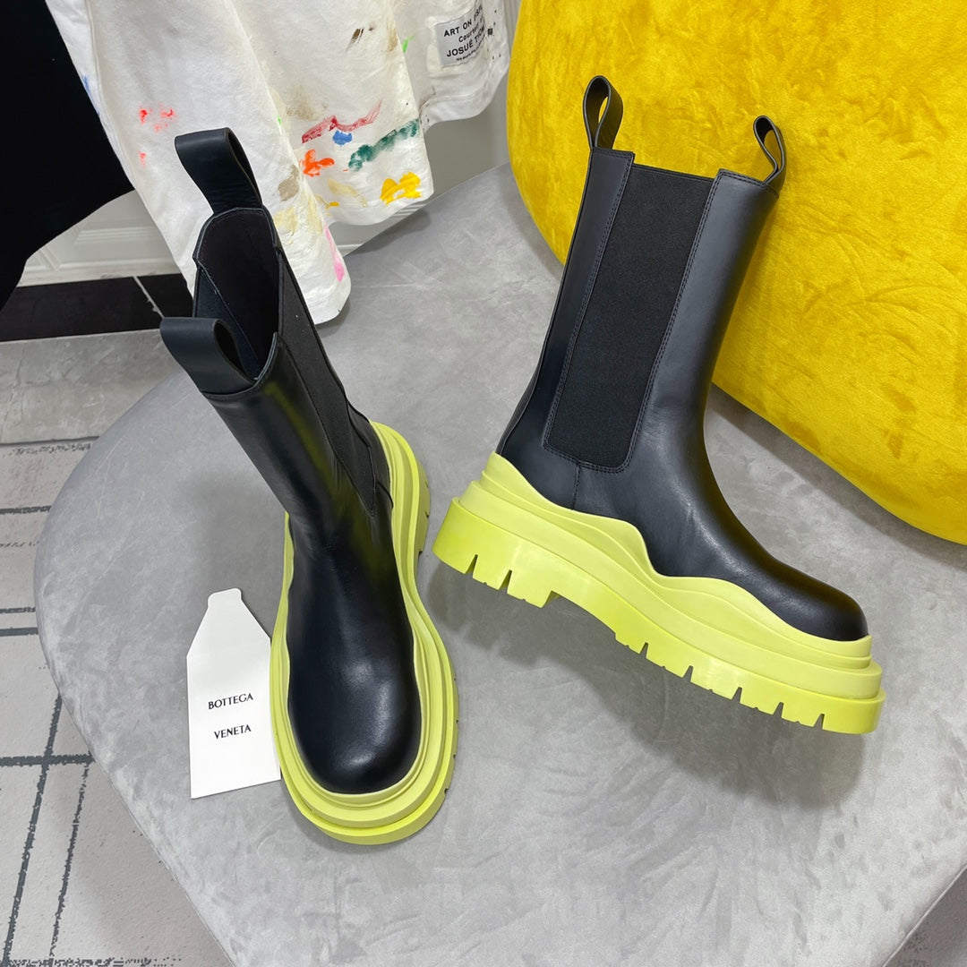 TIRE CHELSEA BOOT IN BLACK MIX NEON YELLOW CALFSKIN - 35 / Ankle Boots