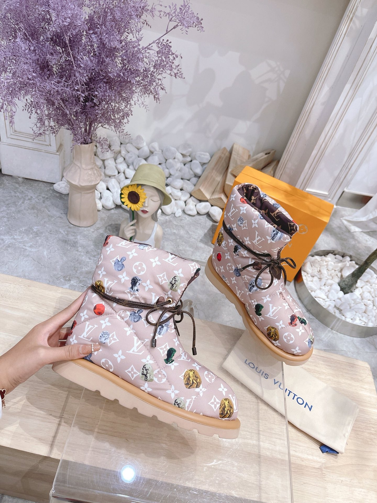 PILLOW COMFORT ANKLE BOOTS IN ROSY BROWN MIX WHITE MONOGRAM NYLON - 35