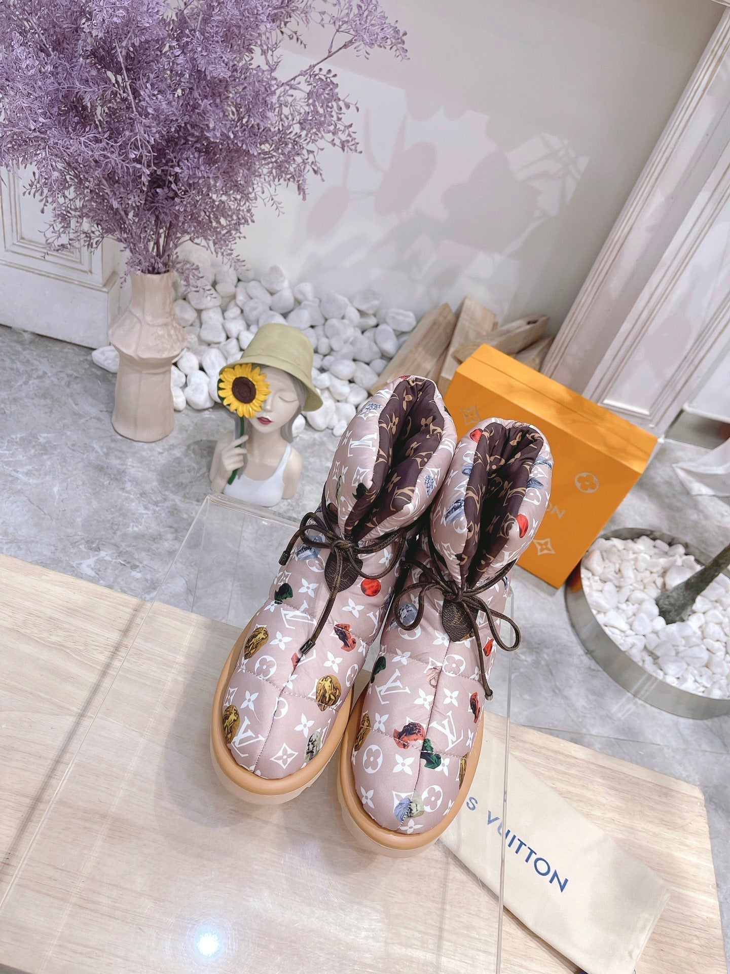 PILLOW COMFORT ANKLE BOOTS IN ROSY BROWN MIX WHITE MONOGRAM NYLON - 35