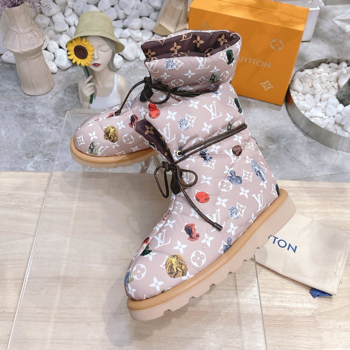 PILLOW COMFORT ANKLE BOOTS IN ROSY BROWN MIX WHITE MONOGRAM NYLON - 35
