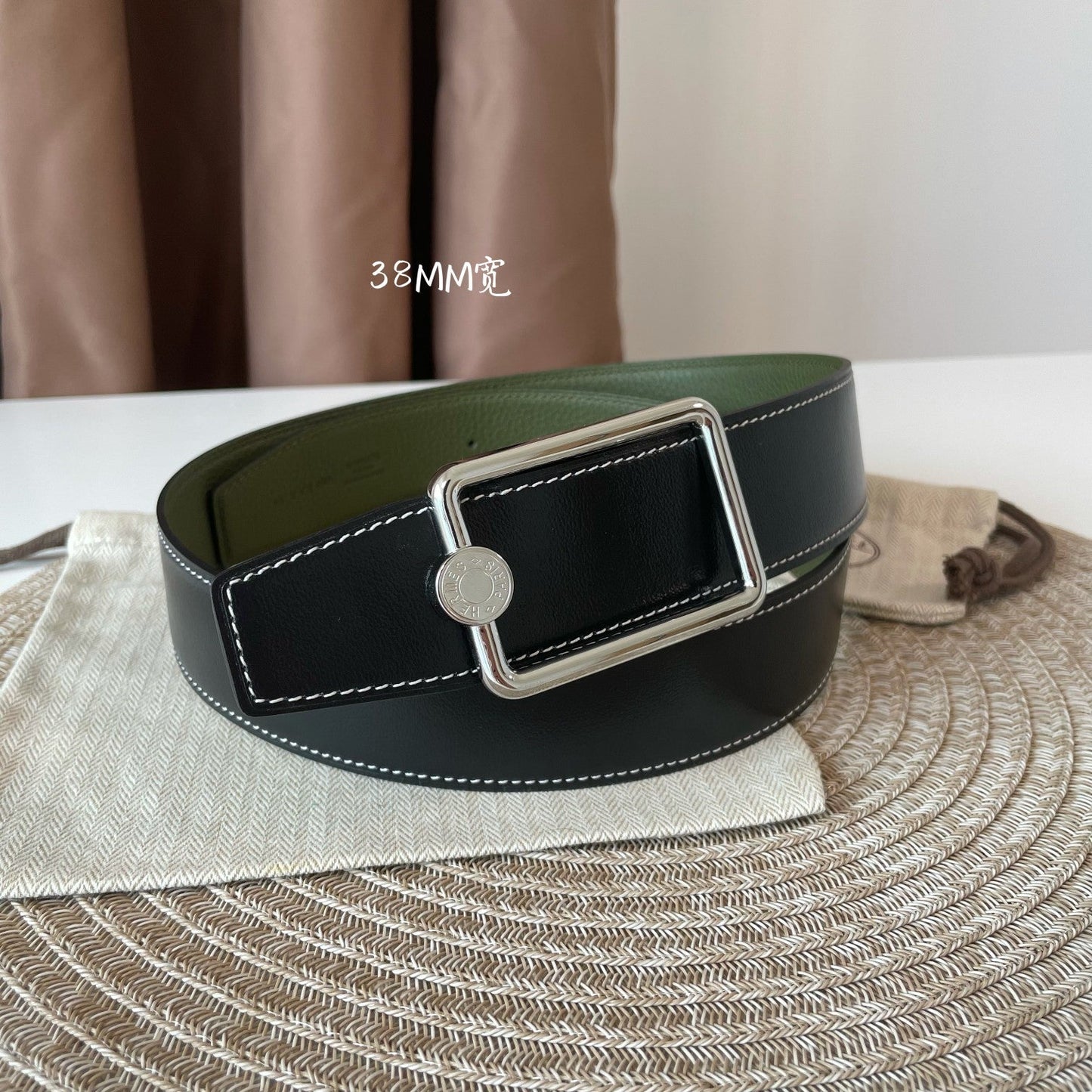 OSCAR BELT BUCKLE & REVERSIBLE OLIVE GREEN AND BLACK LEATHER STRAP 38MM SILVER HARDWARE - 30
