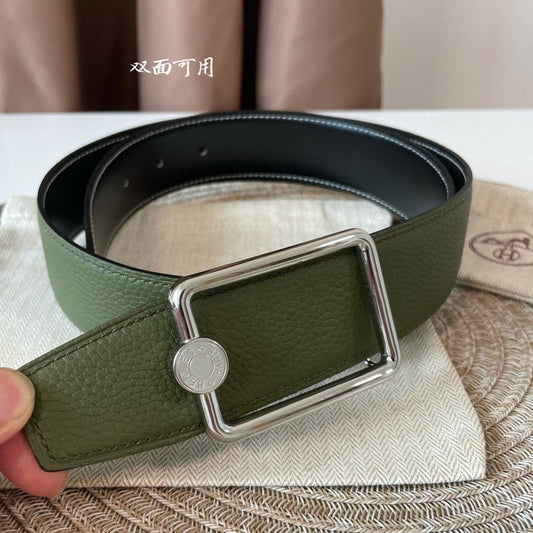 OSCAR BELT BUCKLE & REVERSIBLE OLIVE GREEN AND BLACK LEATHER STRAP 38MM SILVER HARDWARE - 30