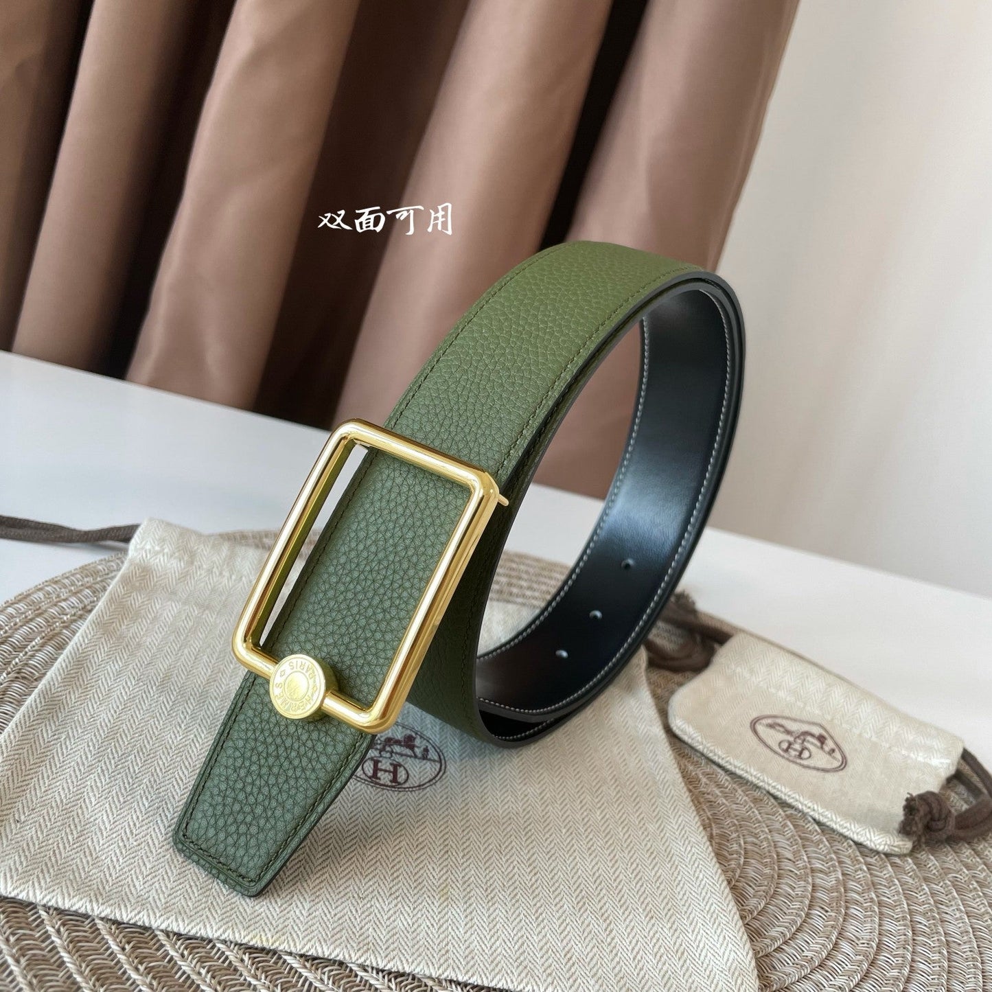 OSCAR BELT BUCKLE & REVERSIBLE OLIVE GREEN LEATHER STRAP 38MM GOLD HARDWARE - 30