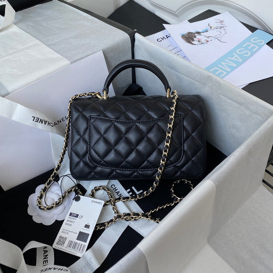 CHANEL 25S МІНІ СУМКА-ФЛЕП З ВЕРХНЬОЮ РУЧКОЮ 20 З ЧОРНОЇ ТЕЛЯЧОЇ ШКІРИ З ЗОЛОТОЮ ФУРНІТУРОЮ