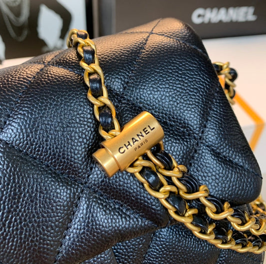 CHANEL 25S CLASSIC FLAP 19 СМ ЧОРНА ІКРЯНА ШКІРА ІЗ ЗОЛОТОЮ ФУРНІТУРОЮ