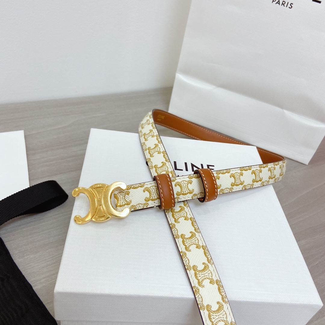 TRIOMPHE BELT 18MM REVERSIBLE IN WHITE CALFSKIN WITH GOLD MONOGRAM PRINT AND BROWN CALFSKIN WITH GOLD BUCKLE - 30