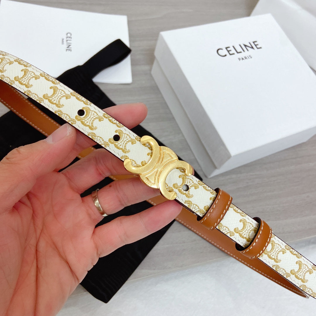 TRIOMPHE BELT 18MM REVERSIBLE IN WHITE CALFSKIN WITH GOLD MONOGRAM PRINT AND BROWN CALFSKIN WITH GOLD BUCKLE - 30