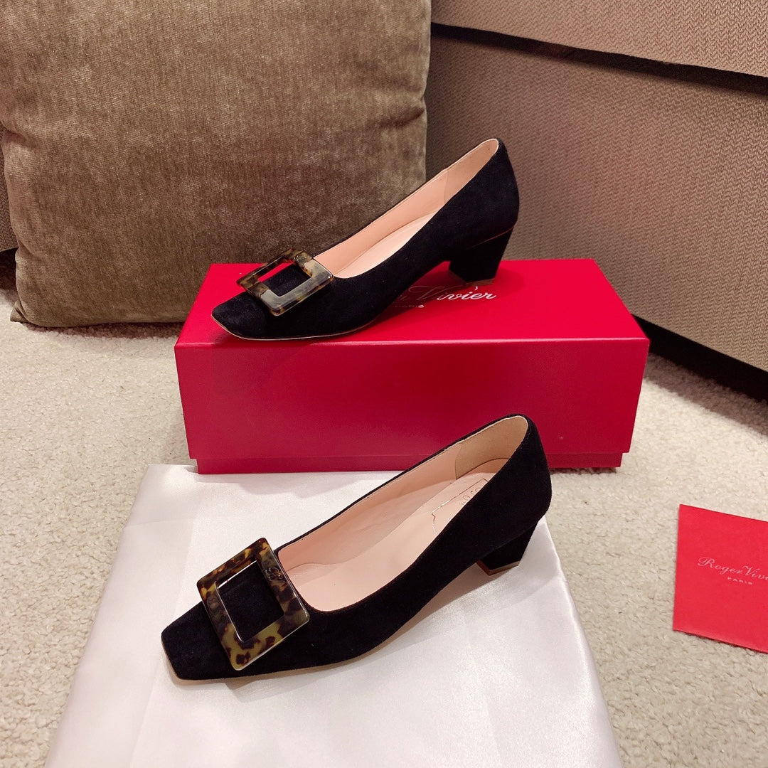 BELLE VIVIER PUMPS IN BLACK SUEDE TORTOISESHELL BUCKLE - 34