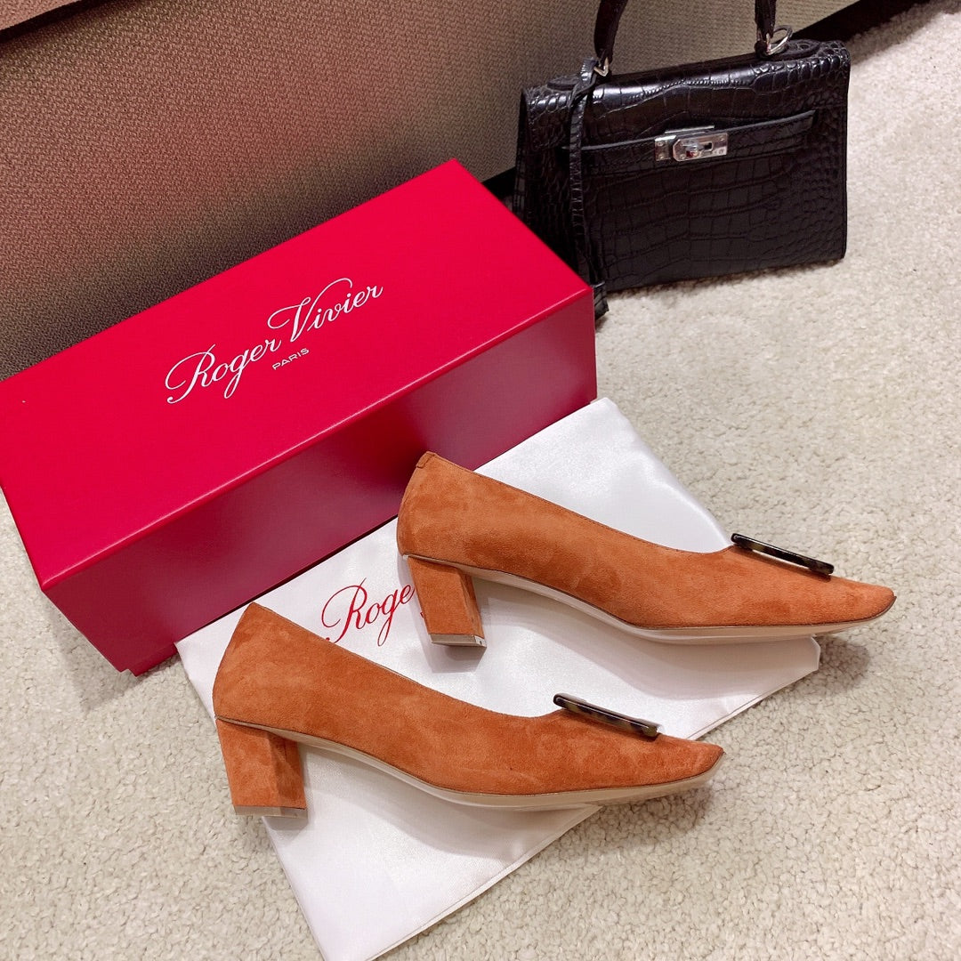 BELLE VIVIER PUMPS IN TAN ORANGE SUEDE TORTOISESHELL BUCKLE - 34