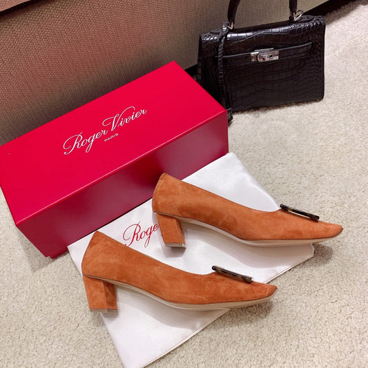 BELLE VIVIER PUMPS IN TAN ORANGE SUEDE TORTOISESHELL BUCKLE - 34
