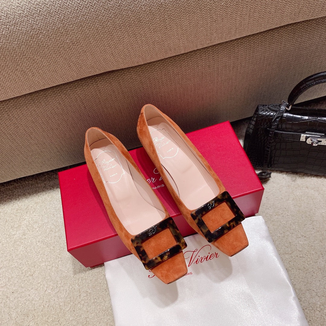 BELLE VIVIER PUMPS IN TAN ORANGE SUEDE TORTOISESHELL BUCKLE - 34
