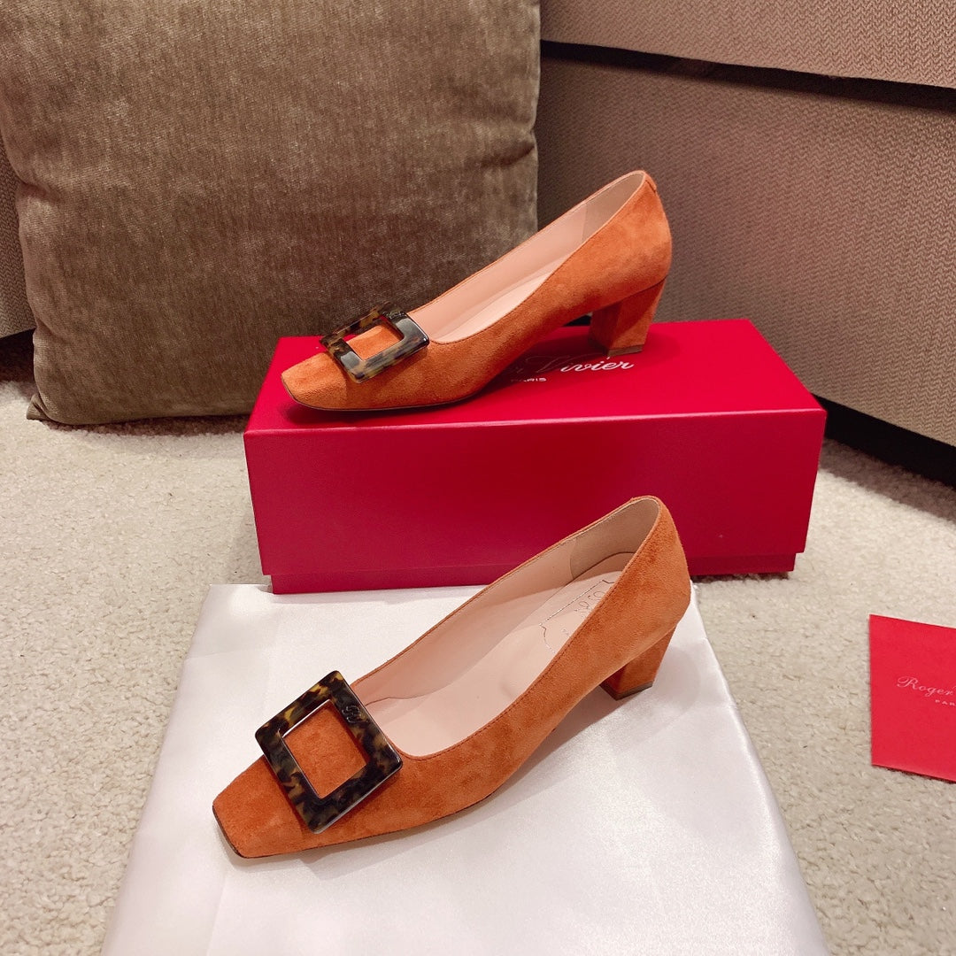 BELLE VIVIER PUMPS IN TAN ORANGE SUEDE TORTOISESHELL BUCKLE - 34