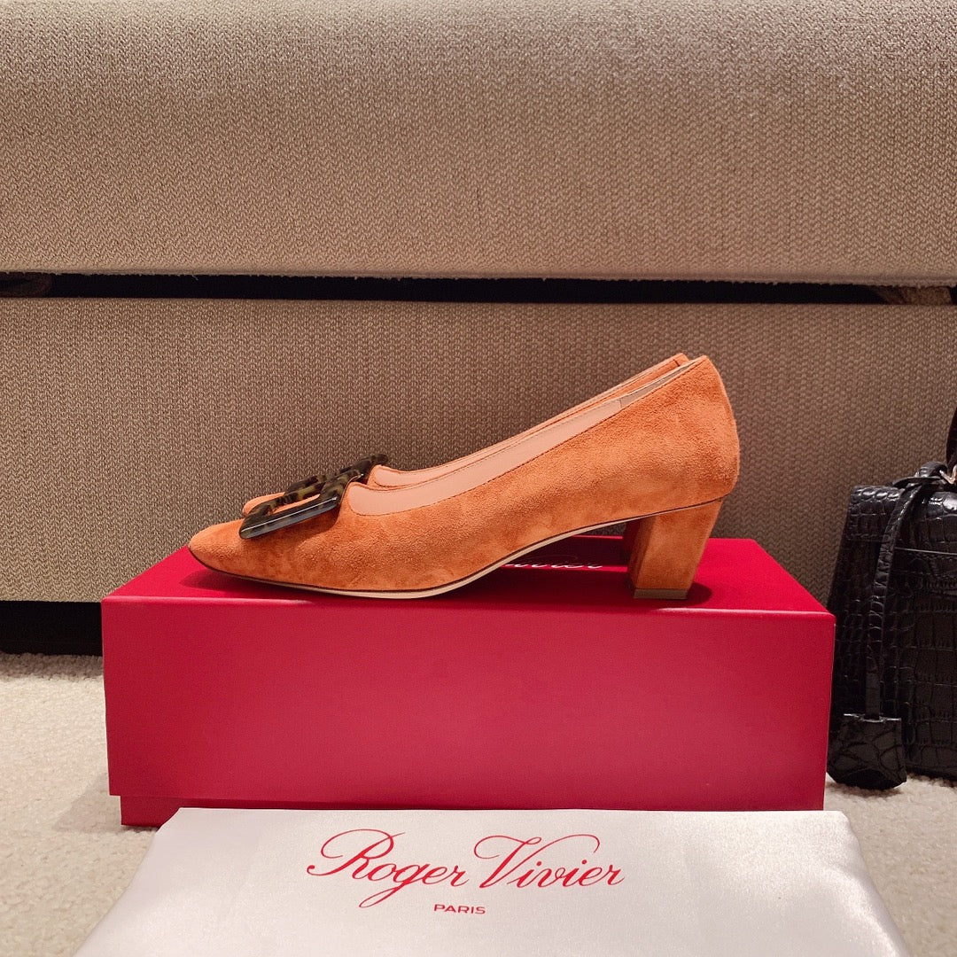 BELLE VIVIER PUMPS IN TAN ORANGE SUEDE TORTOISESHELL BUCKLE - 34