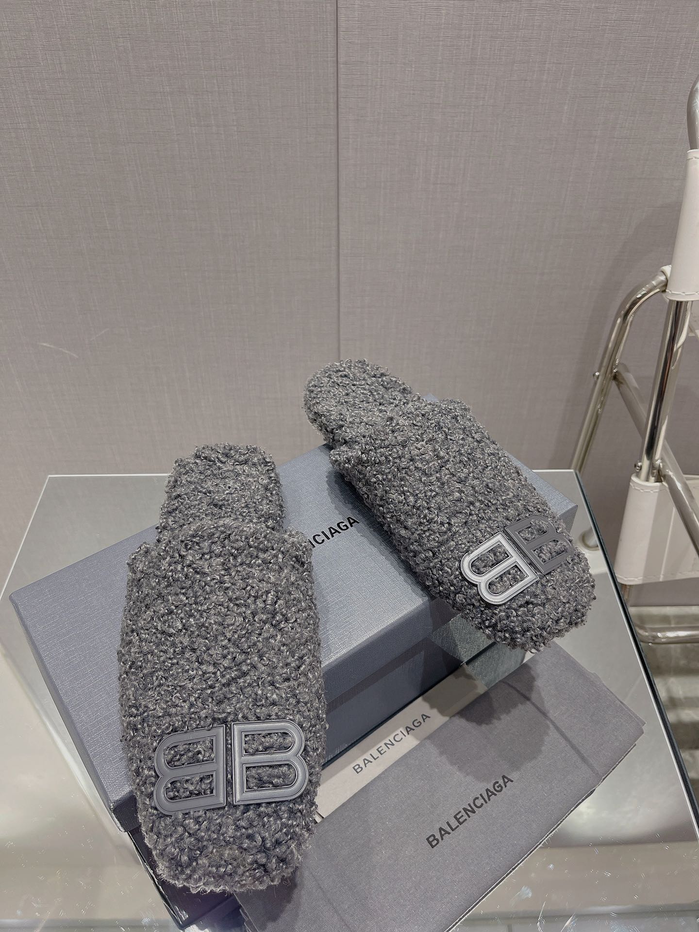 BALENCIAGA 25S MULES IN GRAY WOOL WITH LOGO - 35