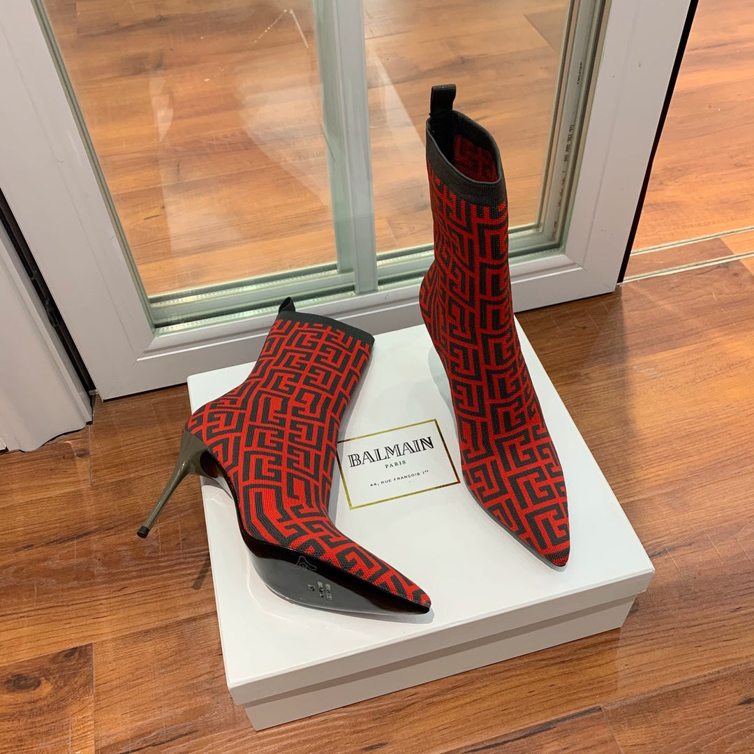 ЧОБОТИ BALMAIN 26S 105 ММ ЧОРНО-ЧЕРВОНІ, СТИЛЬ FLYKNIT 11