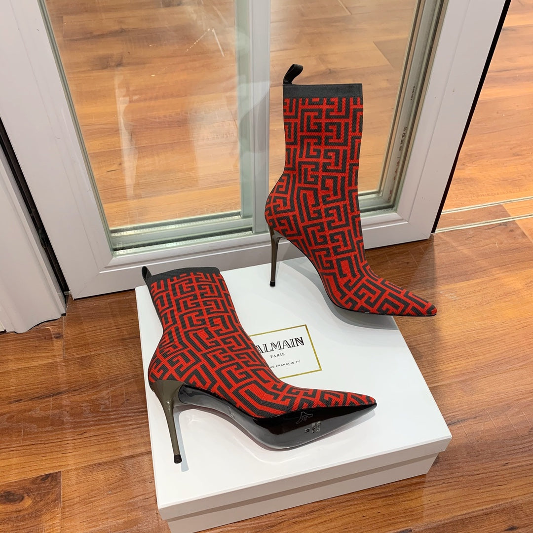 ЧОБОТИ BALMAIN 26S 105 ММ ЧОРНО-ЧЕРВОНІ, СТИЛЬ FLYKNIT 11