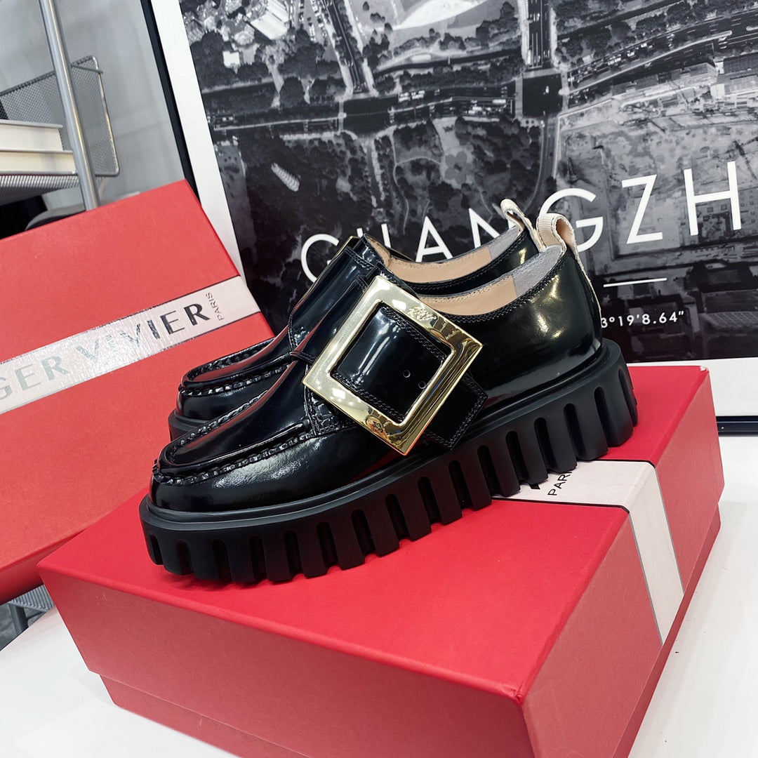 VIV' RANGERS LOAFERS IN BLACK SHINY CALFSKIN WITH GOLD BUCKLE ON THE SIDE OF THE TONGUE - 35