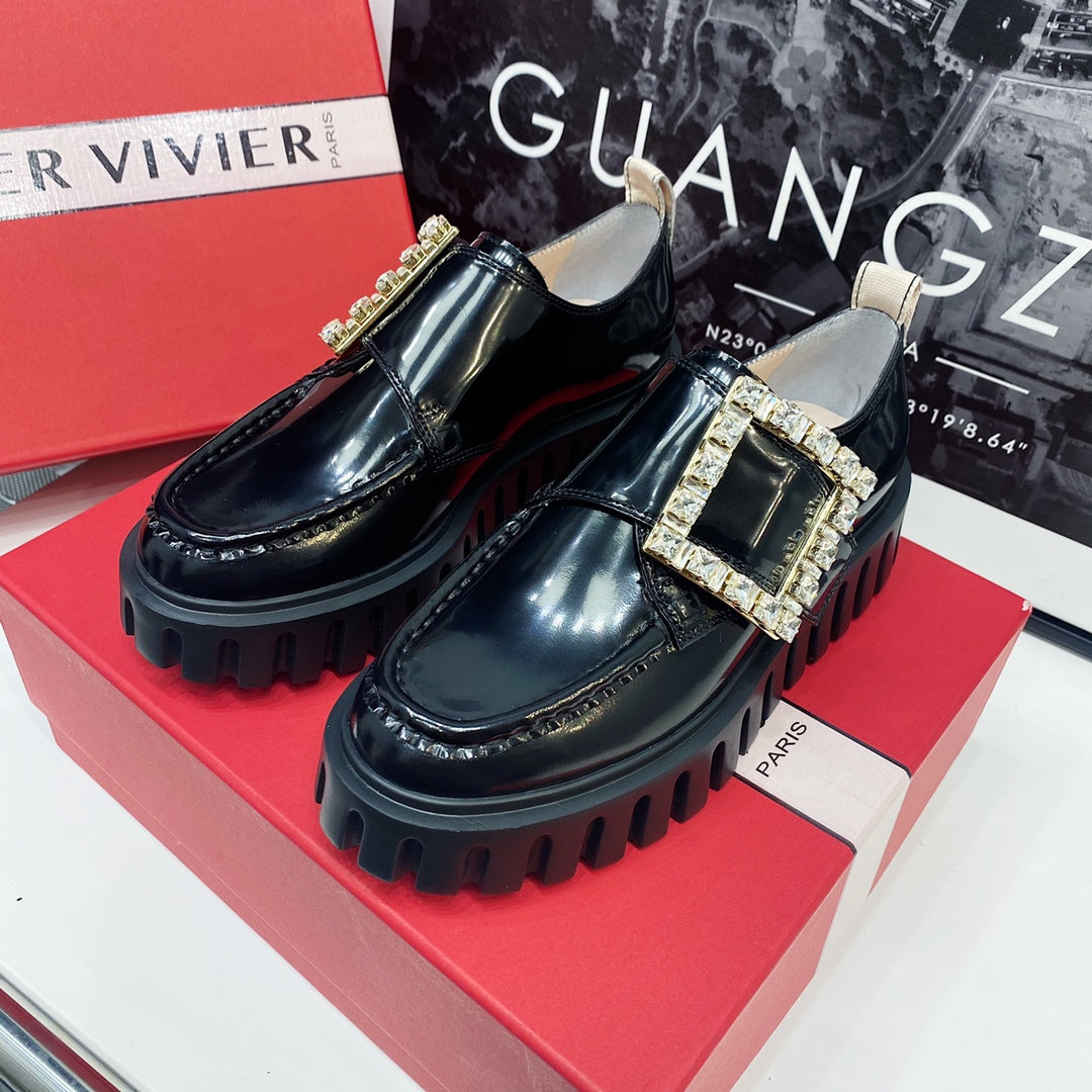 VIV' RANGERS LOAFERS IN BLACK SHINY CALFSKIN WITH CRYSTAL BUCKLE ON THE SIDE OF THE TONGUE - 35