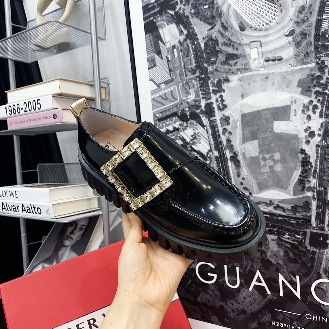 VIV' RANGERS LOAFERS IN BLACK SHINY CALFSKIN WITH CRYSTAL BUCKLE ON THE SIDE OF THE TONGUE - 35