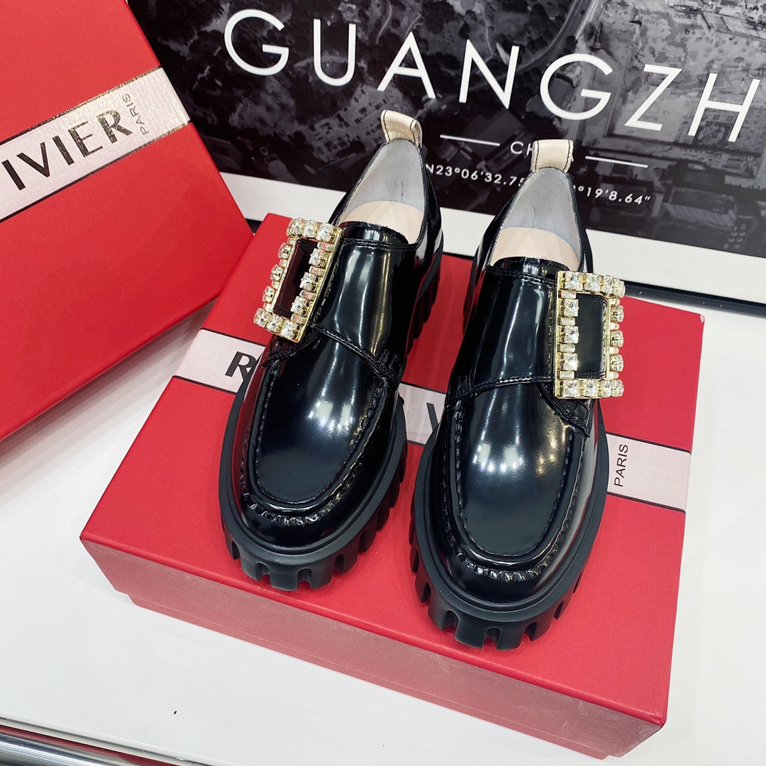 VIV' RANGERS LOAFERS IN BLACK SHINY CALFSKIN WITH CRYSTAL BUCKLE ON THE SIDE OF THE TONGUE - 35