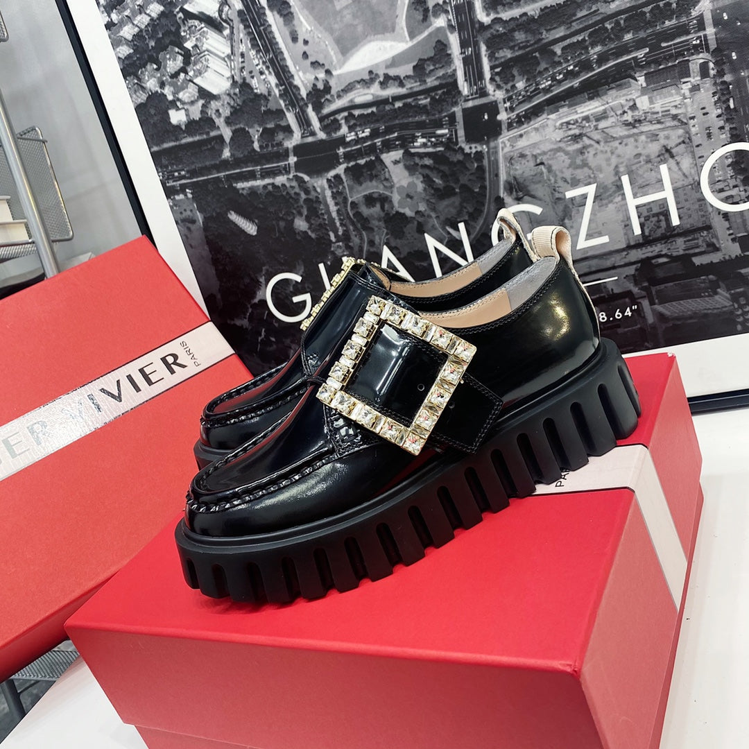 VIV' RANGERS LOAFERS IN BLACK SHINY CALFSKIN WITH CRYSTAL BUCKLE ON THE SIDE OF THE TONGUE - 35