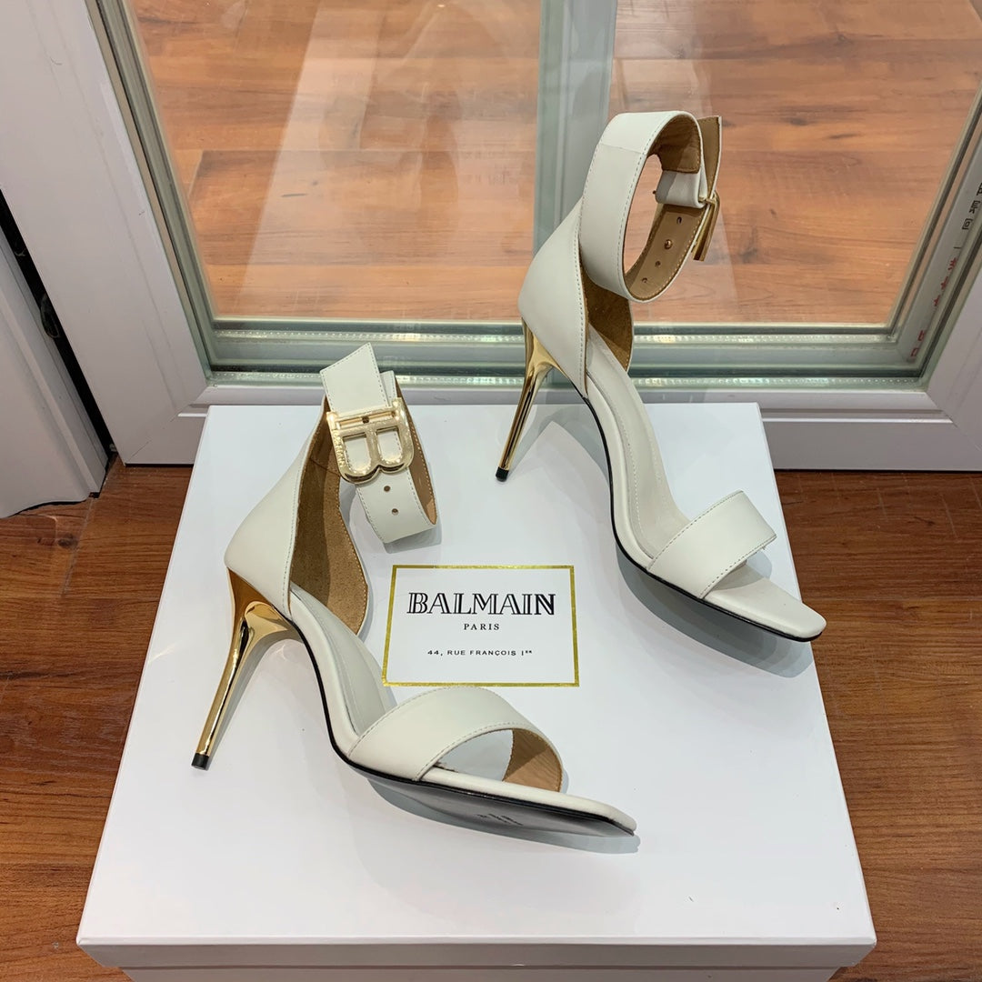 BALMAIN 25S THIN STRAP HIGH HEELS 105MM IN IVORY CALFSKIN GOLD HARDWARE - 35