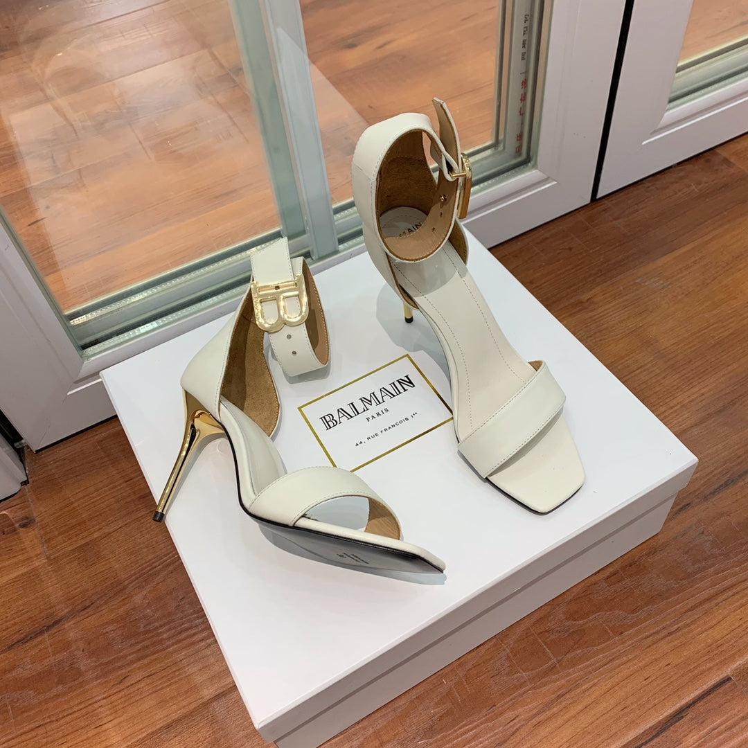 BALMAIN 25S THIN STRAP HIGH HEELS 105MM IN IVORY CALFSKIN GOLD HARDWARE - 35