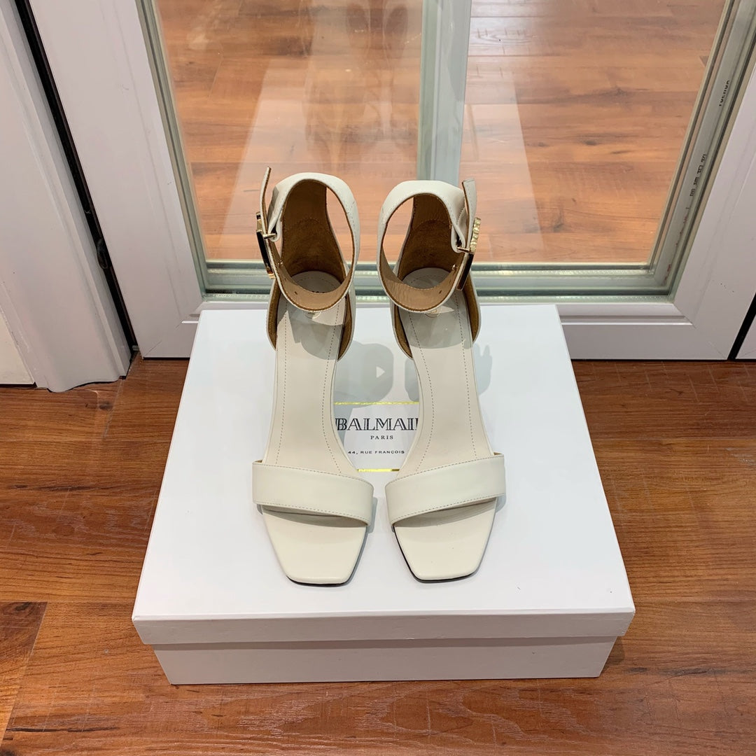 BALMAIN 25S THIN STRAP HIGH HEELS 105MM IN IVORY CALFSKIN GOLD HARDWARE - 35