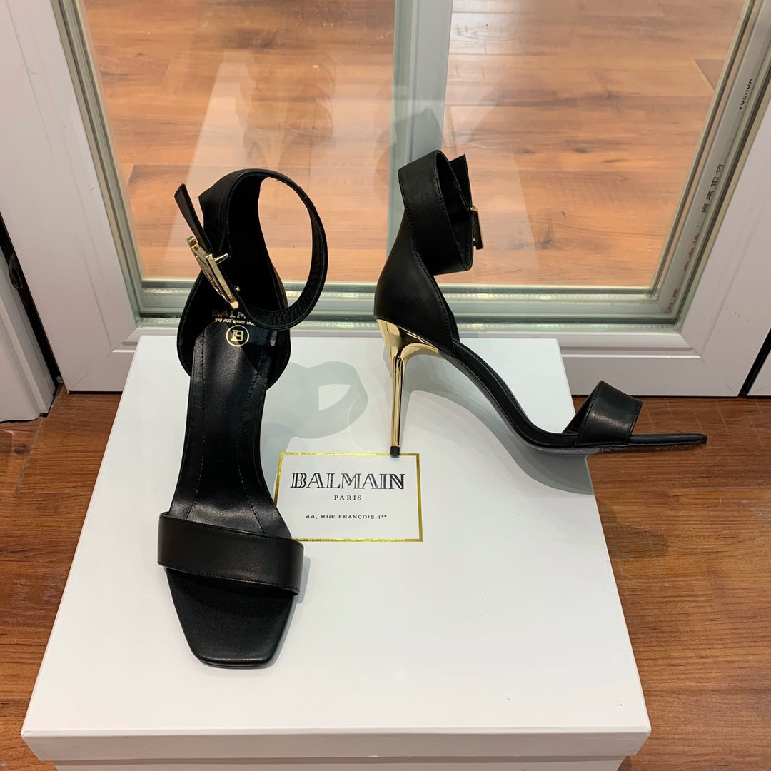 BALMAIN 25S THIN STRAP HIGH HEELS 105MM IN BLACK CALFSKIN GOLD HARDWARE - 35