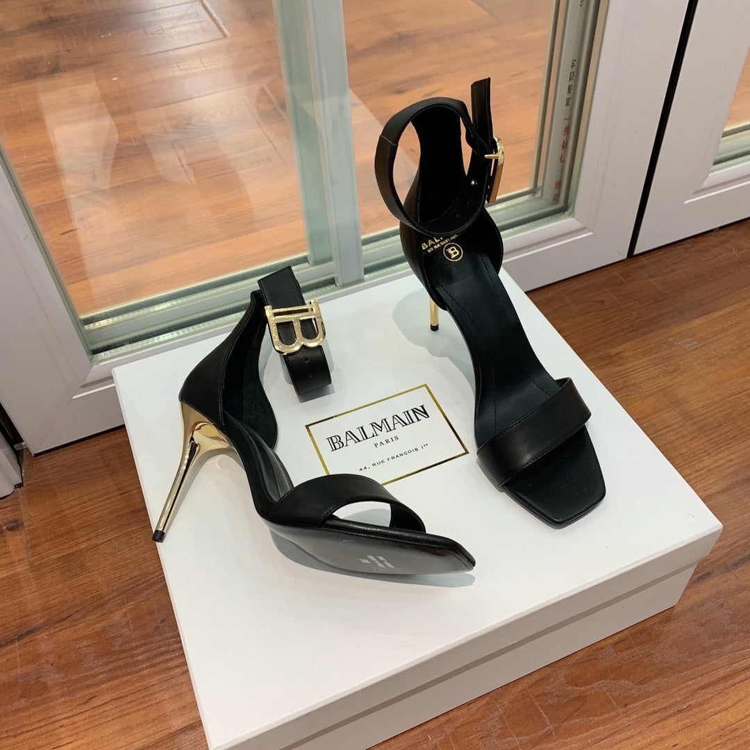 BALMAIN 25S THIN STRAP HIGH HEELS 105MM IN BLACK CALFSKIN GOLD HARDWARE - 35